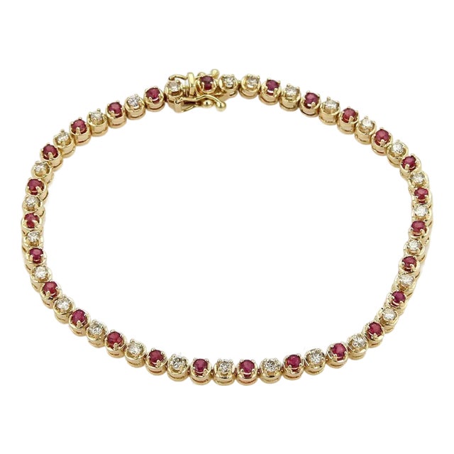 Diamond & Ruby 14k Yellow Gold Tennis Bracelet 7.25 For Sale