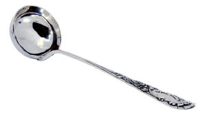 Silver Soup Ladle with Floral Relief Handle and Monogram Card