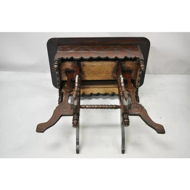 Antique Eastlake Victorian Aesthetic Movement Carved Walnut 6 Leg Parlor Table For Sale - Image 11 of 12