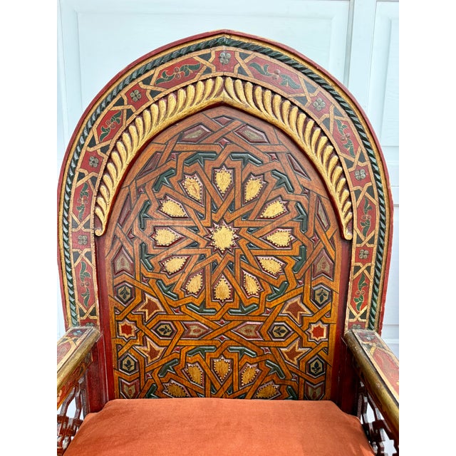Vintage Moroccan Hand-Painted Carved Wood Throne Chairs - Pair For Sale - Image 4 of 18