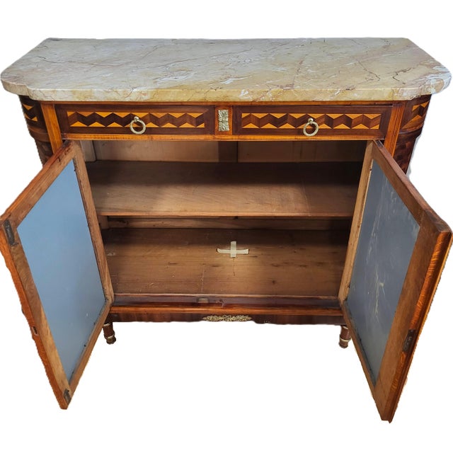 Antique French Louis XVI Inlaid Marble Top & Mirror Door Cabinet Buffet Chest For Sale - Image 13 of 16
