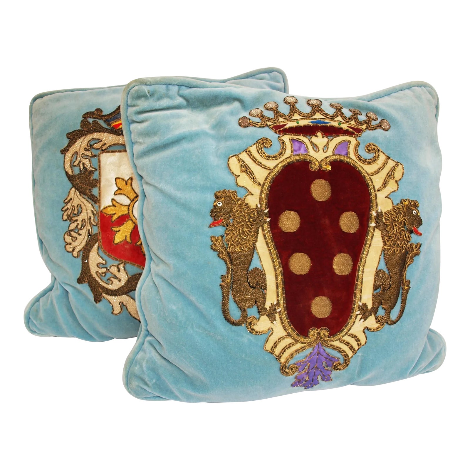 Pair of Pillows With Vintage Metal Brocade 19th Century Coat of Arms ...