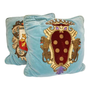 Pair of Pillows With Vintage Metal Brocade 19th Century Coat of Arms