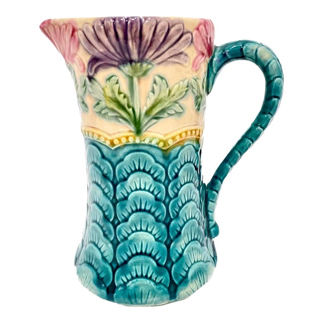 Vintage Daisy & Leaf Petal Majolica Pitcher For Sale