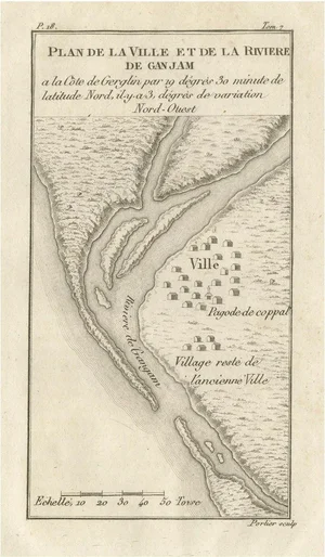 Antique French Map of the Town and River of Ganjam in India by Portier, 1790