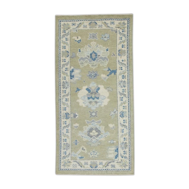 Textile Early 21st Century Green & Blue Floral Design Handwoven Wool Turkish Oushak Rug 2'11" X 6'1" For Sale - Image 7 of 7