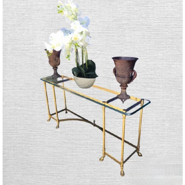 Brass Vintage Italian Brass Hooved Feet Glass Top Mid Century Modern Traditional Console Table For Sale - Image 8 of 11