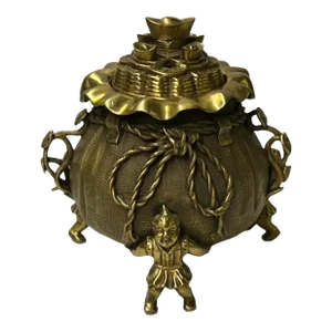 Vintage Bronze Metal Treasure Bag Ding Shape Incense Burner Display Art