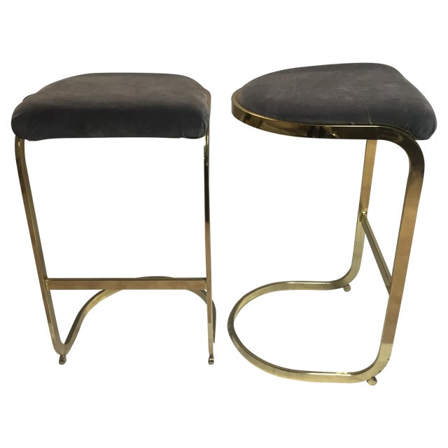 Vintage Brass & Gray Velvet Bar Stools a Pair Chairish