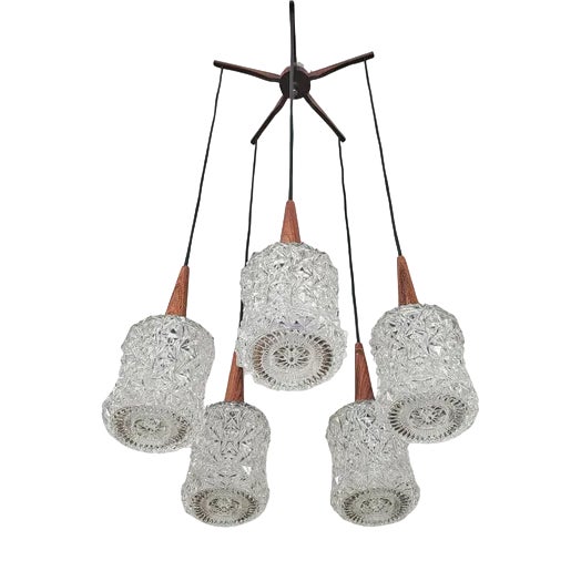 Mid-Century Modern Teak, Rosewood and Crystal Spider or Cascade Chandelier, 1960s For Sale