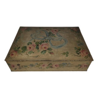 Hand Painted Tole Storage Box With Roses and a Bow For Sale