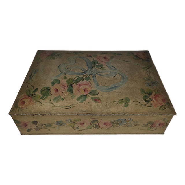 Hand Painted Tole Storage Box With Roses and a Bow For Sale