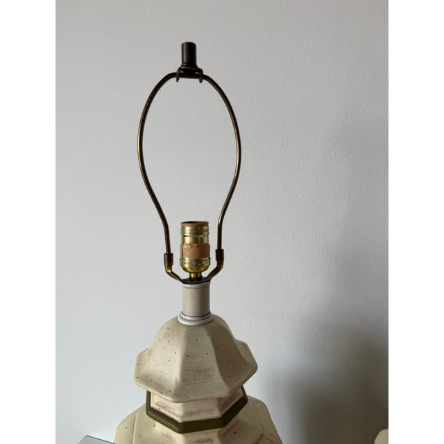 1970s Hollywood Regency Palm Beach Pagoda Style Ceramic Table Lamps – A Pair For Sale - Image 9 of 10