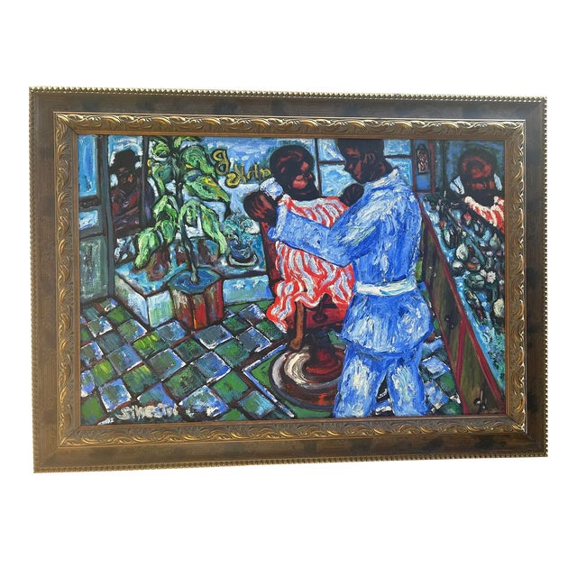 Mid 20th Century Post Impressionist Figural Oil on Canvas 'Franks Barber Shop' Signed Victor J. Silvestri For Sale