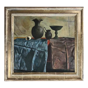 Vintage Realist Still Life With Vase and Pottery by Auseklis Ozols, Signed (1969, Oil on Canvas)