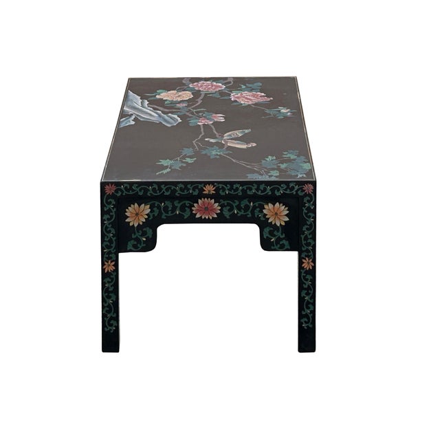 Chinese 1970s Chinese Black Lacquer Flower Birds Graphic Rectangular Low Coffee Table For Sale - Image 3 of 13