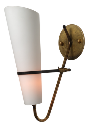 Large Italian Brass Wall Sconce with Conical Opaline Glass Shades, 1950