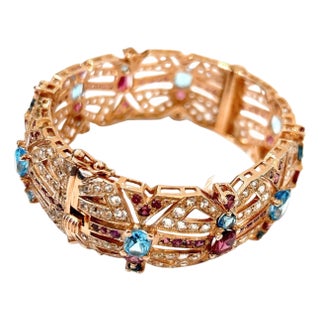 Bochic “Capri” Vintage Garnet & Multi Color Gem & Sapphire Bangle 18K & Silver For Sale