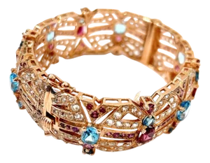 Bochic “Capri” Vintage Garnet & Multi Color Gem & Sapphire Bangle 18K & Silver