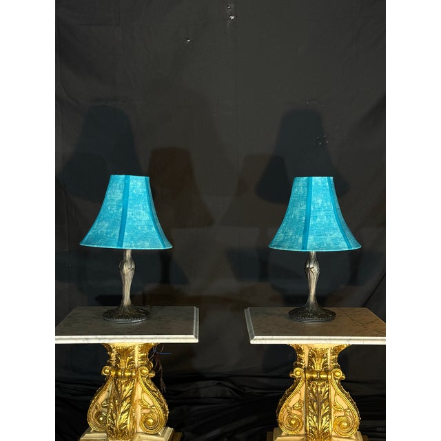 Blue Mid 20th Century Matching Pair of Blue Shade Table Lamps With Bronze Tone Bases For Sale - Image 8 of 12