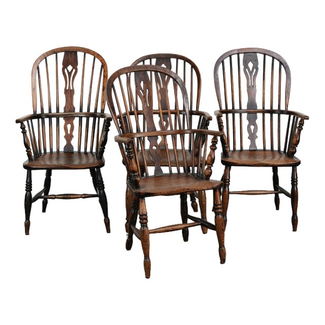 Antique English Highback Windsor Dining Chairs, Set of 4 For Sale
