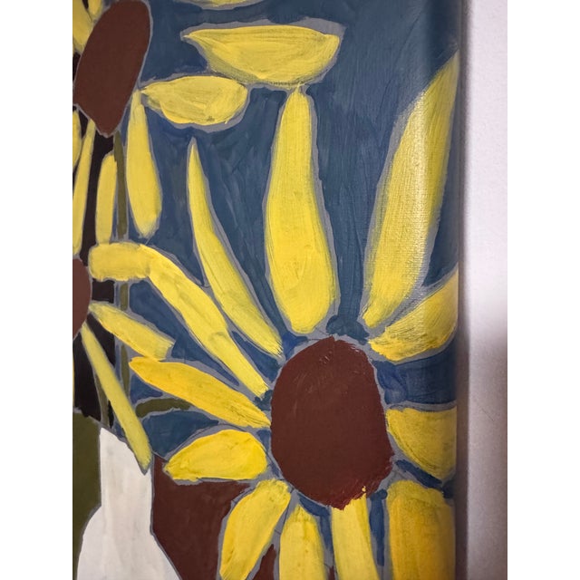 Original painting with sunflowers in a vase. The artwork shows three large yellow sunflowers with brown centers placed in...
