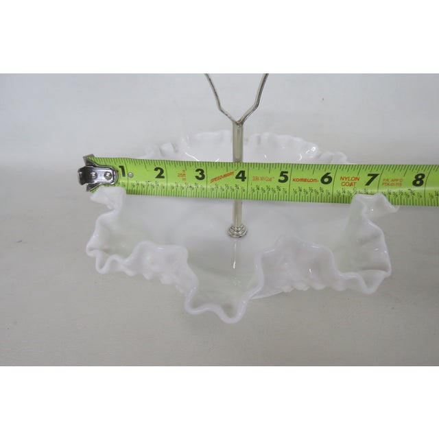 Mid 20th Century Fenton White Milk Glass Ruffled Edge Hobnail Candy Dish With Metal Handle For Sale - Image 10 of 14