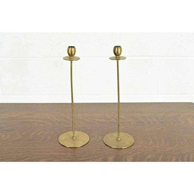 Art Deco Robert Jarvie Style Antique Arts & Crafts Turned Brass Tall Candlesticks, Pair For Sale - Image 3 of 11