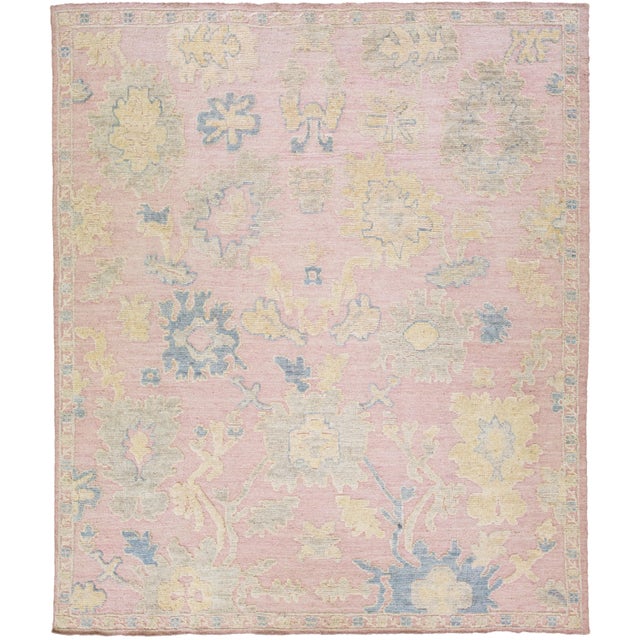 Modern Oushak Style Handmade Floral Motif Light Pink Wool Rug For Sale - Image 11 of 11