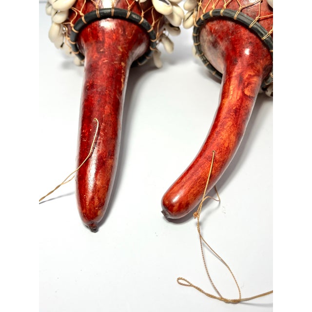 Red Pair of Dried Maasai Gourd Cowrie Shell Musical Shaker Percussion Instrument African Decor For Sale - Image 8 of 8