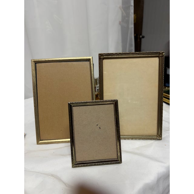 Metal Trio Vintage Brass Table Top Photo Frames For Sale - Image 7 of 8