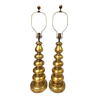 1960's Monumental Italian Hollywood Regency Gold Leaf Gourd Shaped Table Lamps- a Pair For Sale