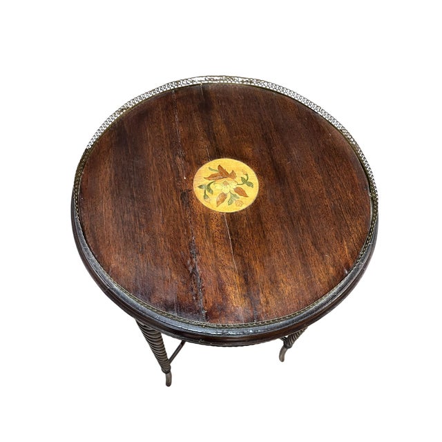 Wood Louis XVI Antique Round End Table With Floral Marquetry Center Inlay– Set of Two For Sale - Image 7 of 16