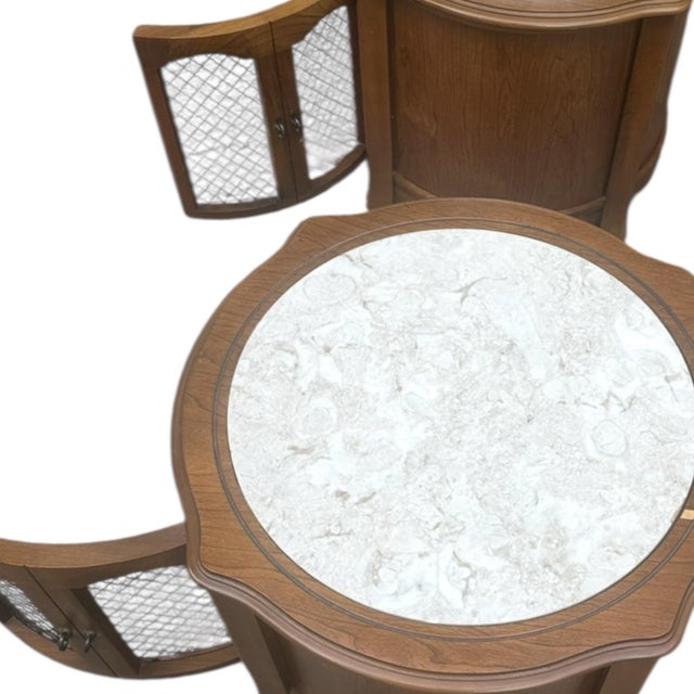 1950s 1950s Set of Walnut French Provincial Round Cabinets With Inlaid Marble Tops For Sale - Image 5 of 11