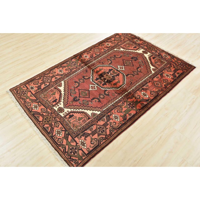 Cabin Hamedan Rug 4'4'' X 6'7'' Red Wool Vintage Tribal Hand-Knotted Oriental Carpet For Sale - Image 3 of 12