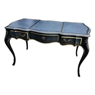 Vintage Drexel Heritage Et Cetera Louis XV French Provincial Black Lacquer Writing Desk With Tooled Leather Top | Bureau Plat Executive Desk For Sale