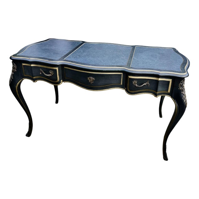 Vintage Drexel Heritage Et Cetera Louis XV French Provincial Black Lacquer Writing Desk With Tooled Leather Top | Bureau Plat Executive Desk For Sale