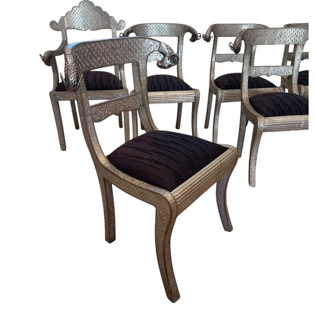 Silver Set 10 Moroccan Metal Clad Rams Head Dining Chairs For Sale - Image 8 of 9