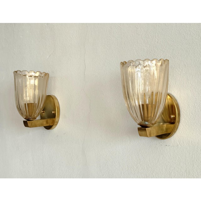 Italian Art Deco Style Brass and Murano Glass Wall Sconces, 1990s, Set of 2 For Sale - Image 3 of 12