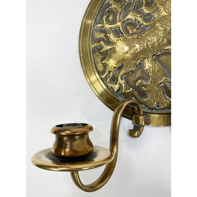 Metal Antique Bronze Lion Crest Electrified Wall Sconce Pair For Sale - Image 7 of 8