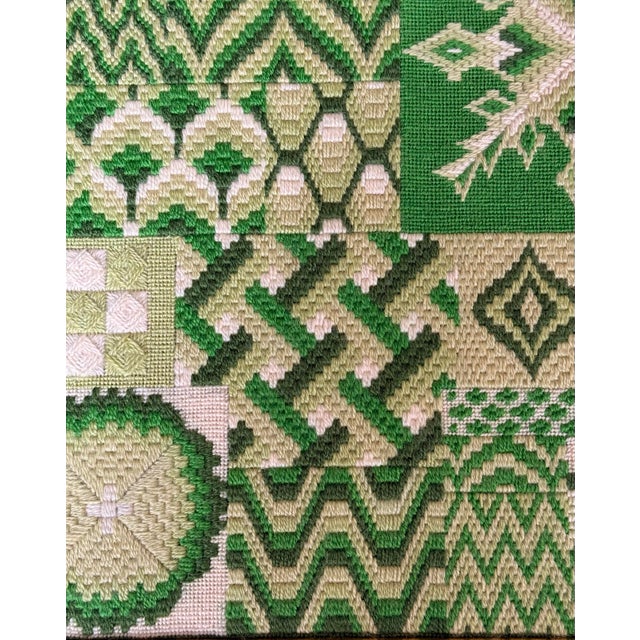 1970s Vintage 1976 Needlepoint Sampler in Shades of Green With Original Gold Frame, Artist Signed For Sale - Image 5 of 12