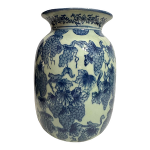 Vintage Porcelain Vase Blue and White Grape and Vine Motif