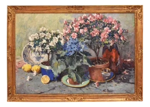Victor Wagemaekers, Still Life with Pink Roses and Azalea, Oil on Canvas, 20th Century, Framed
