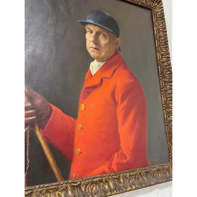 An oil on canvas portrait of a gentleman in red-jacketed riding regalia that was exhibited at a Royal Academy Exhibition...