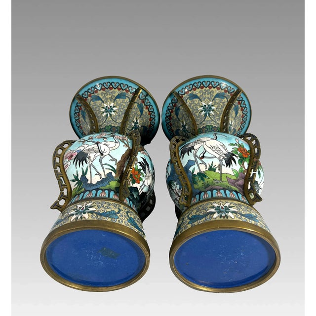 Chinese Jingfa Blue & Gold 'Dragon Back' Cloisonne Beaker Form Vases With Auspicious Cranes & Lotus - A Pair on Wood Stands For Sale - Image 12 of 12