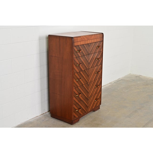 Donald Deskey Donald Deskey Style Antique Art Deco Inlaid Walnut Waterfall Highboy Dresser or Chest of Drawers, Circa 1930s For Sale - Image 4 of 12