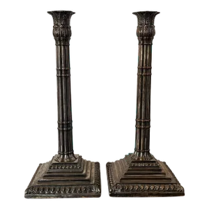 Antique 18th Century George III Neoclassical Sheffield Silver on Copper Tall Stacked Column Candlesticks - a Pair