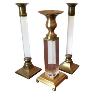 Brass & Lucite Candleholders - Set of 3 For Sale