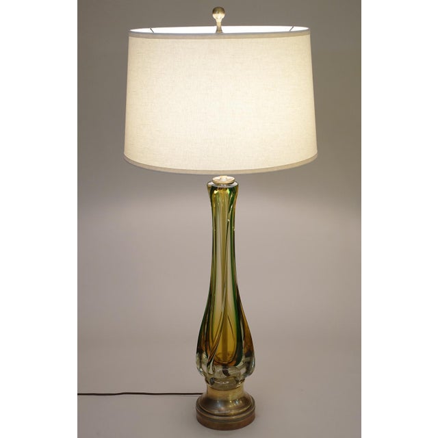 1970s XXL Murano Sommerso Thick Swirl Art Glass Brass Table Lamp Barovier Toso Italy For Sale - Image 11 of 13
