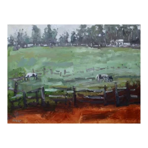 Horses in Field, Expressionist Landscape Oil Painting by L Haas